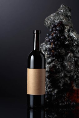 Bottle of red wine with empty label. In the background rough grey stone and blue grapes. 