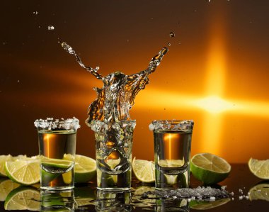 Siyah yansıtıcı arka planda deniz tuzu ve limon dilimli tekila.. 