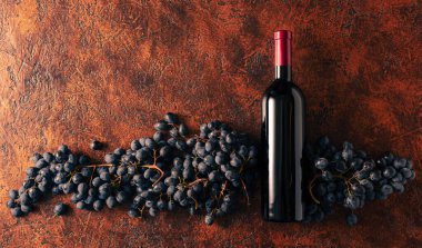 Kahverengi bir arka planda mavi üzüm ve bir şişe kırmızı şarap. Boşluğu kopyala.