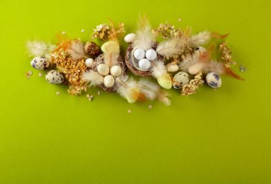 Paskalya kompozisyonu bıldırcın yumurtaları, tüyler ve yeşil arka planda kurumuş çiçekler. Üst görünüm.