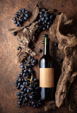 Bir şişe kırmızı şarap, mavi üzümler ve yıpranmış eski parçalar. Eski boş bir şişede. Metninizi etikete yerleştirin.