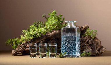 Meyveli ardıç dalları ve eski enstrümanların arka planında cin var. Kopyalama alanı olan bej arkaplan.