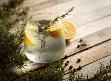 Limonlu cin tonik kokteyli, ardıç dalı, ve kırsal ahşap masa üzerindeki buz, kopyalama alanı. Limon ve ardıç meyveli buzlu kokteyl..