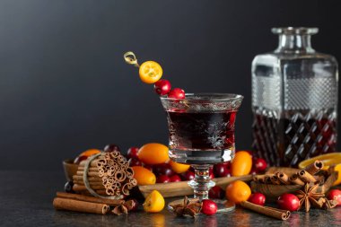 Siyah arka planda baharatlar, kızılcıklar ve narenciye meyveli bir içecek. Boşluğu kopyala.