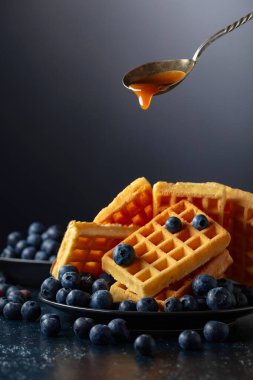 Siyah tabakta taze yaban mersini ve karamel soslu Belçika waffleları.