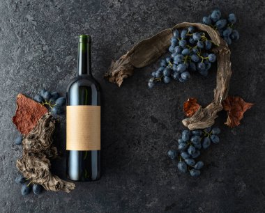 Bir şişe kırmızı şarap, mavi üzüm ve siyah taşlı arka planda eski asma parçaları. Eski boş bir şişede. Üst Manzara. Boşluğu kopyala.