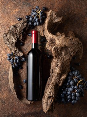 Bir şişe kırmızı şarap, mavi üzümler ve yıpranmış eski parçalar. Etiketini şişenin üzerine koy..