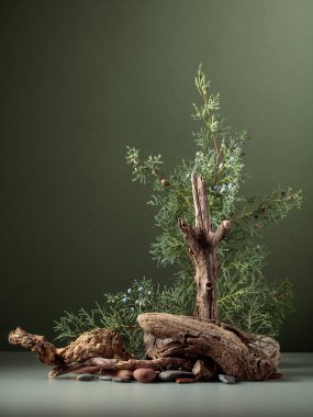 Ardıç, taş ve kuru pürüzlerden oluşan soyut doğa sahnesi. Kozmetik, güzellik ürünü markalaşma, kimlik ve ambalaj için yeşil arka plan. Boşluğu kopyala.