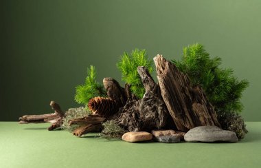 Spruce dalları, taşlar ve kuru pürüzlerden oluşan soyut doğa sahnesi. Kozmetik, güzellik ürünleri markalaşma, kimlik ve ambalaj için yeşil arka plan. Boşluğu kopyala.