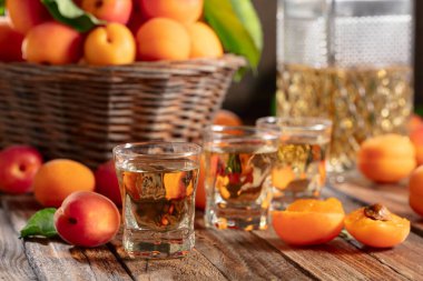 Apricot liqueur or grappa and fresh apricots on an old wooden table.