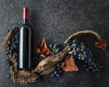 Bir şişe kırmızı şarap, mavi üzüm ve siyah taşlı arka planda eski asma parçaları. Üst Manzara. Boşluğu kopyala.