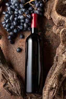 Bir şişe kırmızı şarap, mavi üzümler ve yıpranmış eski parçalar. Etiketini şişenin üzerine koy..