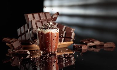 Çikolata kırıntıları serpiştirilmiş kremalı sıcak çikolata. Arka planda kırılmış acı çikolatalar. Siyah yansıtıcı arkaplan.