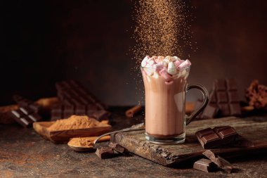 Kakao tozu serpiştirilmiş kremalı sıcak çikolata içeceği. Bir kupa sıcak çikolata, kırık çikolata ve kakao tozu. Boşluğu kopyala.