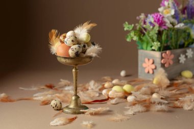 Bej arka planda yumurta, tüy ve bahar çiçekleriyle paskalya kompozisyonu. Seçici odak.