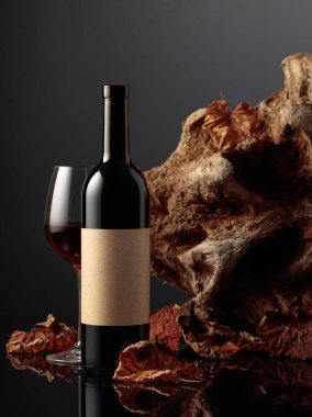Eski etiketli bir şişe kırmızı şarap. Arka planda eski ağaç dalları ve kurumuş asma yaprakları var. Yazılarınız için alan ile ön görünüm.