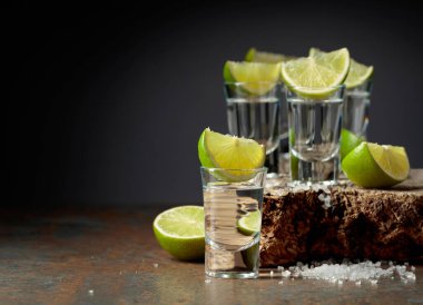 Limonlu tekila shot ve kırsal bir arka planda tuz. Boşluğu kopyala.