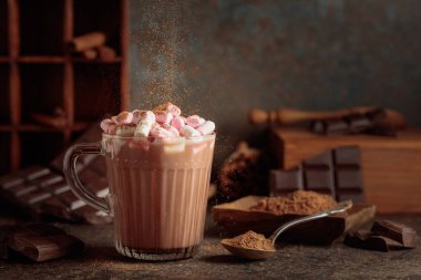 Kakao tozu serpiştirilmiş kremalı sıcak çikolata içeceği. Bir kupa sıcak çikolata, kırık çikolata ve kakao tozu. Boşluğu kopyala.