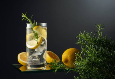 Buzlu, limonlu ve biberiyeli cin tonik. Karanlık bir arka planda canlandırıcı içecek. Boşluğu kopyala.