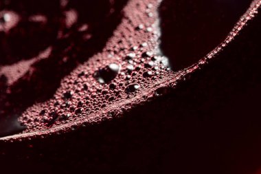 Bardakta kırmızı şarap. Seçici bir odaklanma ile makro çekim. Boşluğu kopyala.