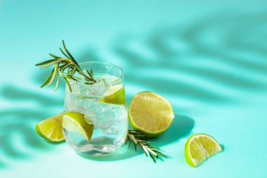 Buzlu, limonlu ve biberiyeli yaz içeceği. Soğuk, gevrek ve yeşil bir arka planda palmiye gölgeleri tarafından öpülmüş. Boşluğu kopyala.