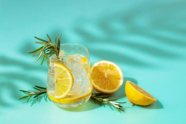 Buzlu, limonlu ve biberiyeli yaz içeceği. Soğuk, gevrek ve yeşil bir arka planda palmiye gölgeleri tarafından öpülmüş. Boşluğu kopyala.