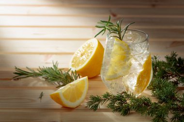 Ezilmiş buz ve limon dilimli cin tonik kokteyli. Hafif ahşap bir masada ardıç dallarıyla serinletici bir içecek..