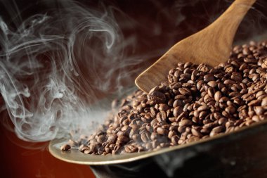 Orta pişmiş kahve çekirdekleri kızartma tavasında dumanlıdır. Boşluğu kopyala.