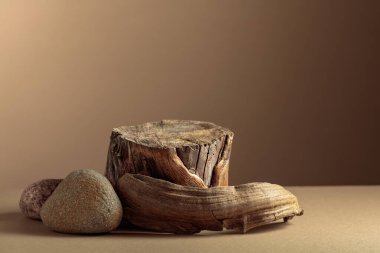 Doğal ahşap kaplamalı kompozisyon ve eko ürünlerin reklamları için kuru kütük. Kopyalama alanı olan bej arkaplan.