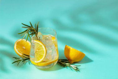 Buzlu, limonlu ve biberiyeli yaz içeceği. Soğuk, gevrek ve yeşil bir arka planda palmiye gölgeleri tarafından öpülmüş. Boşluğu kopyala.