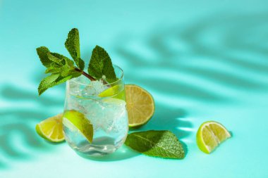 Buzlu, limonlu ve naneli yaz içeceği. Soğuk, gevrek ve yeşil bir arka planda palmiye gölgeleri tarafından öpülmüş. Boşluğu kopyala.