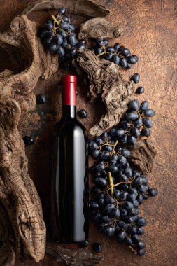 Bir şişe kırmızı şarap, mavi üzümler ve yıpranmış eski parçalar. Etiketini şişenin üzerine koy..
