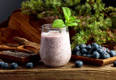 Çam ağacında taze böğürtlen ve chia tohumlu yaban mersini püresi. Ormanın kalbinden gelen sağlıklı ekolojik yiyecekler. Ekolojik gıda kavramı.