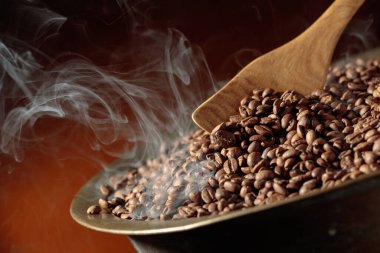 Orta pişmiş kahve çekirdekleri kızartma tavasında dumanlıdır. Boşluğu kopyala.