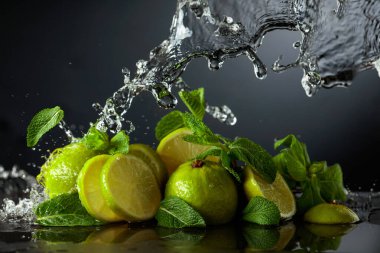 Siyah arka planda limon ve taze nane dalları. Serinletici içecekler ve su sıçraması için gerekli malzemeler. Boşluğu kopyala.