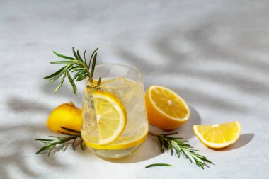 Buzlu, limonlu ve biberiyeli ferahlatıcı bir yaz içeceği. Serin ve ferahlatıcı bir içecek, mermer bir masanın üzerinde palmiye gölgeleri. Boşluğu kopyala.