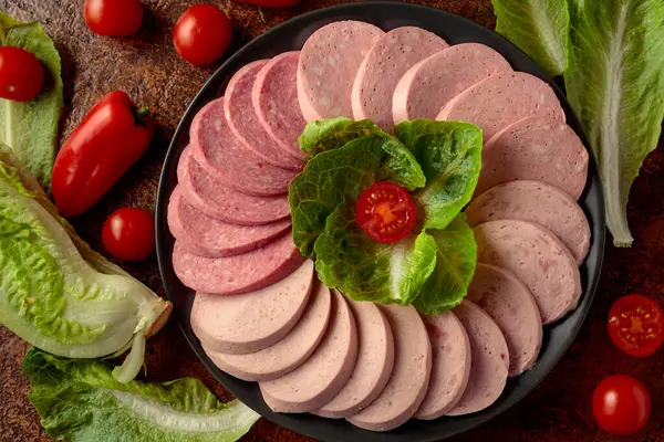 Kahverengi bir arka planda yeşil ve sebzeli çeşitli haşlanmış sosisler..