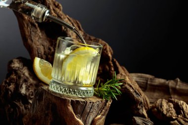 Limon dilimleri, buz ve ahşap bir kütükte biberiye filizi ile kokteyl cini ve tonik. Soğuk, ferahlatıcı bir içecek bardağa doldurulur..
