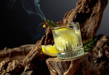 Kokteyl cini ve tonik eski bir kütüğün üzerinde buzun üzerinde. Limon dilimleri ve yanan biberiye filizi ile soğuk, ferahlatıcı bir içecek..