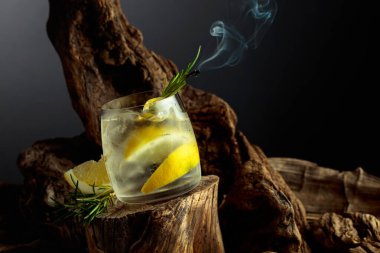 Kokteyl cini ve tonik eski bir kütüğün üzerinde buzun üzerinde. Limon dilimleri ve yanan biberiye filizi ile soğuk, ferahlatıcı bir içecek. Boşluğu kopyala.