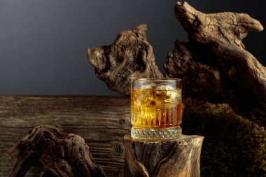 Eski bir kütüğün üzerinde buzlu viski. Sis bardağında soğuk, ferahlatıcı bir içecek..