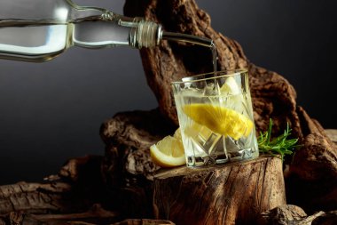 Limon dilimleri, buz ve ahşap bir kütükte biberiye filizi ile kokteyl cini ve tonik. Soğuk, ferahlatıcı bir içecek bardağa doldurulur..
