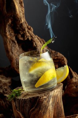 Kokteyl cini ve tonik eski bir kütüğün üzerinde buzun üzerinde. Limon dilimleri ve yanan biberiye filizi ile soğuk, ferahlatıcı bir içecek..