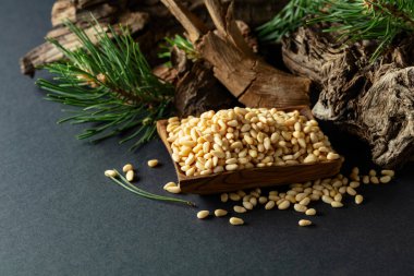 Çam fıstığı soyulmuş, sedir ağacı kurumuş ve yeşil dalları var. Siyah arka planda ahşap tabakta çam fıstığı.