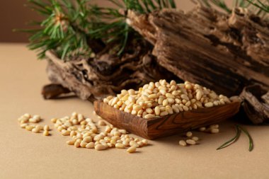 Çam fıstığı soyulmuş, sedir ağacı kurumuş ve yeşil dalları var. Bej bir arka planda ahşap tabakta çam fıstığı.