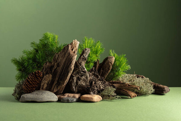 Abstract nature scene with a composition of spruce branches, stones, and dry snags. Copy space.