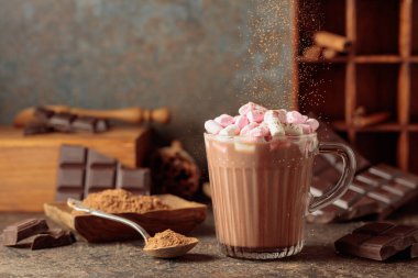 Kakao tozu serpiştirilmiş kremalı sıcak çikolata içeceği. Bir kupa sıcak çikolata, kırık çikolata ve kakao tozu. Boşluğu kopyala.