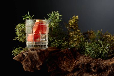 Buzlu, greyfurtlu ve biberiyeli sert maden suyu. Arka planda, böğürtlenli ardıç dalları.