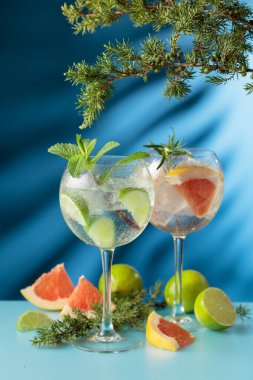 Kokteyller cin tonik, greyfurt ve limon dilimleri. İçkiler ve ardıç dalları mavi arka planda.