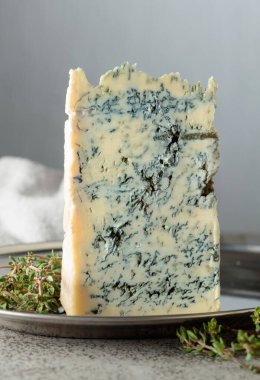 Gorgonzola ve kekik gri bir taş masada. Boşluğu kopyala.